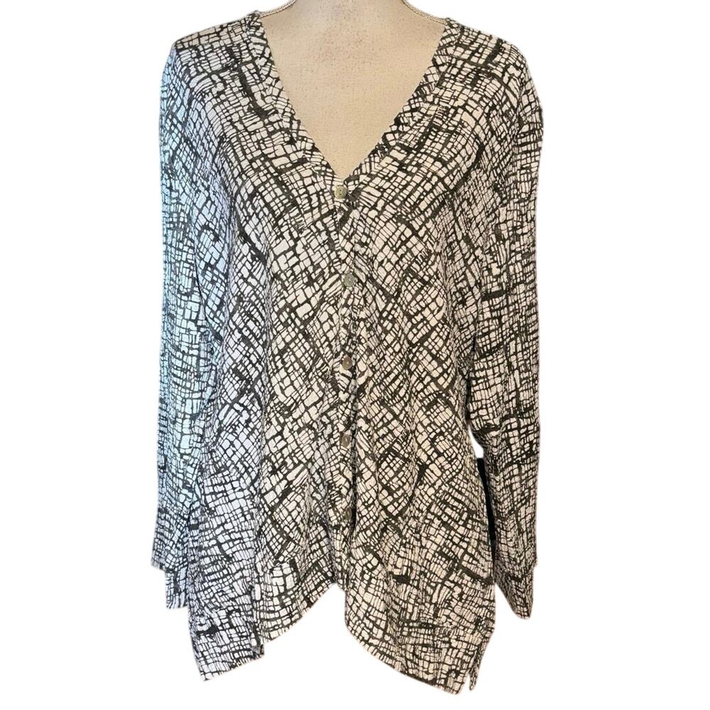 Habitat Size XL Tunic Top Blouse Button Front V Neck Grid Print FLAW
